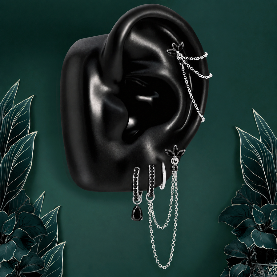IMBER Eternal Black earring stack in silver with black stones and chains, on ear display