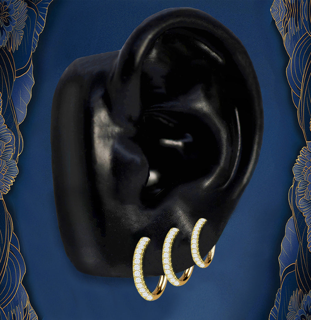 Gold lobe piercing jewelry triple pavé hoop design