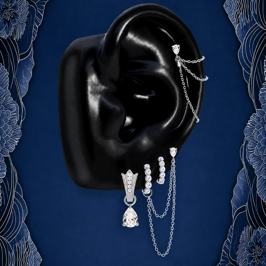 IMBER Nocturne earring stack in silver with chains and teardrop, on ear display