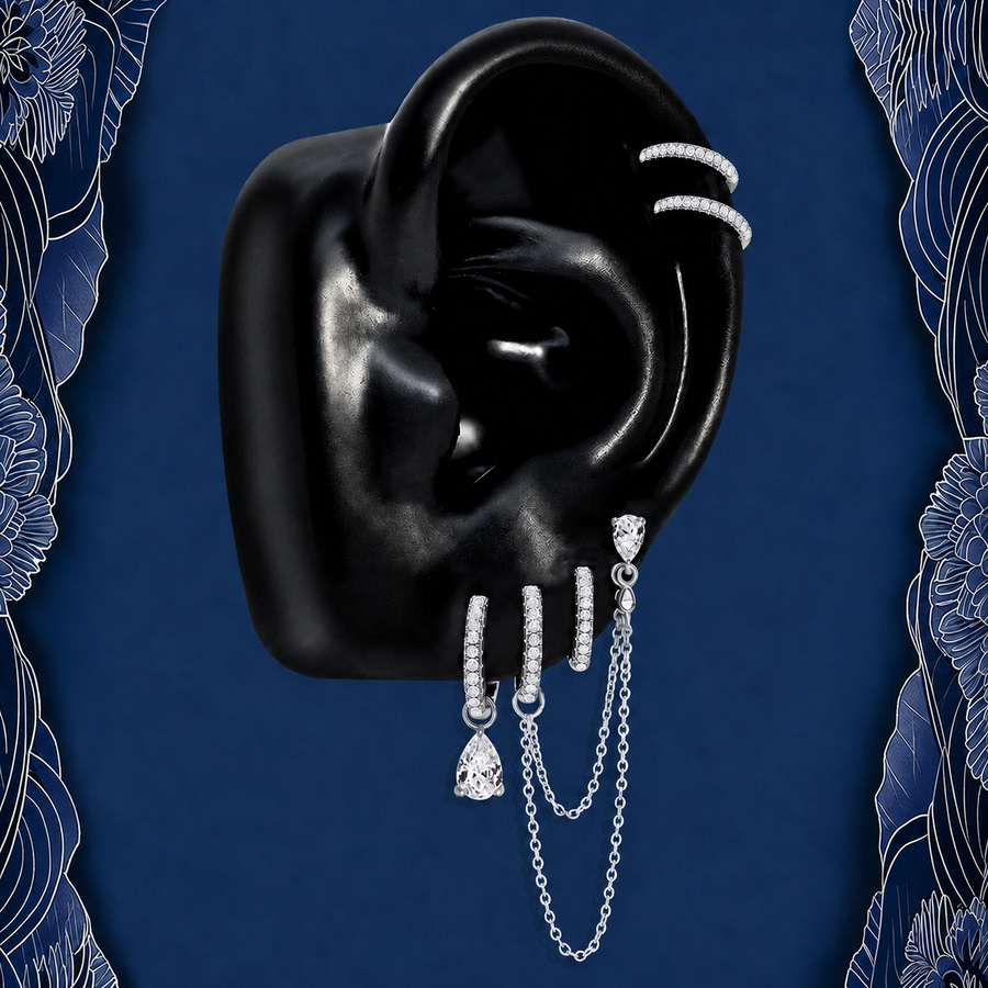 IMBER Reign earring stack in silver with double chain and teardrop, on ear display