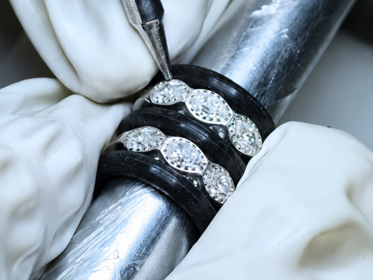 Setting stones by hand into a titanium band