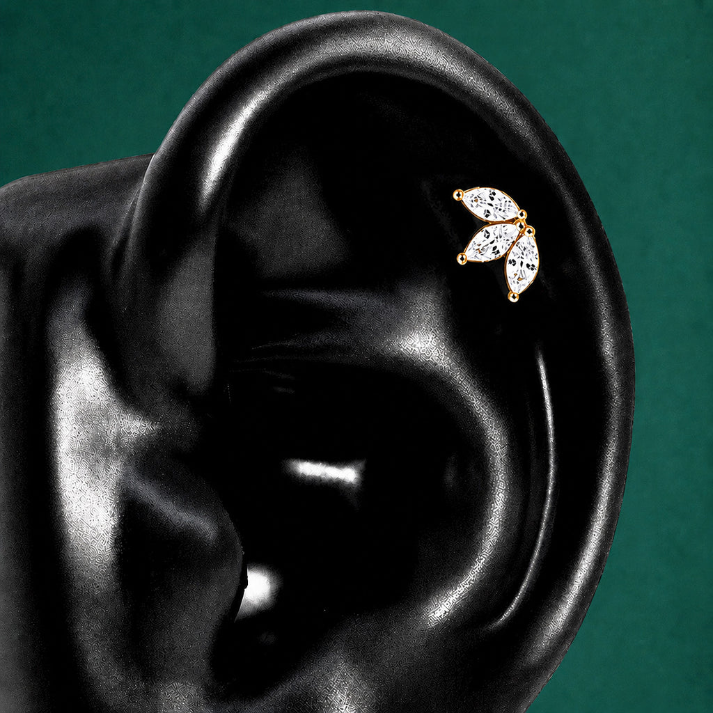 IMBER Bloom Helix/Conch White flower stud in gold with white marquise stones, on ear display
