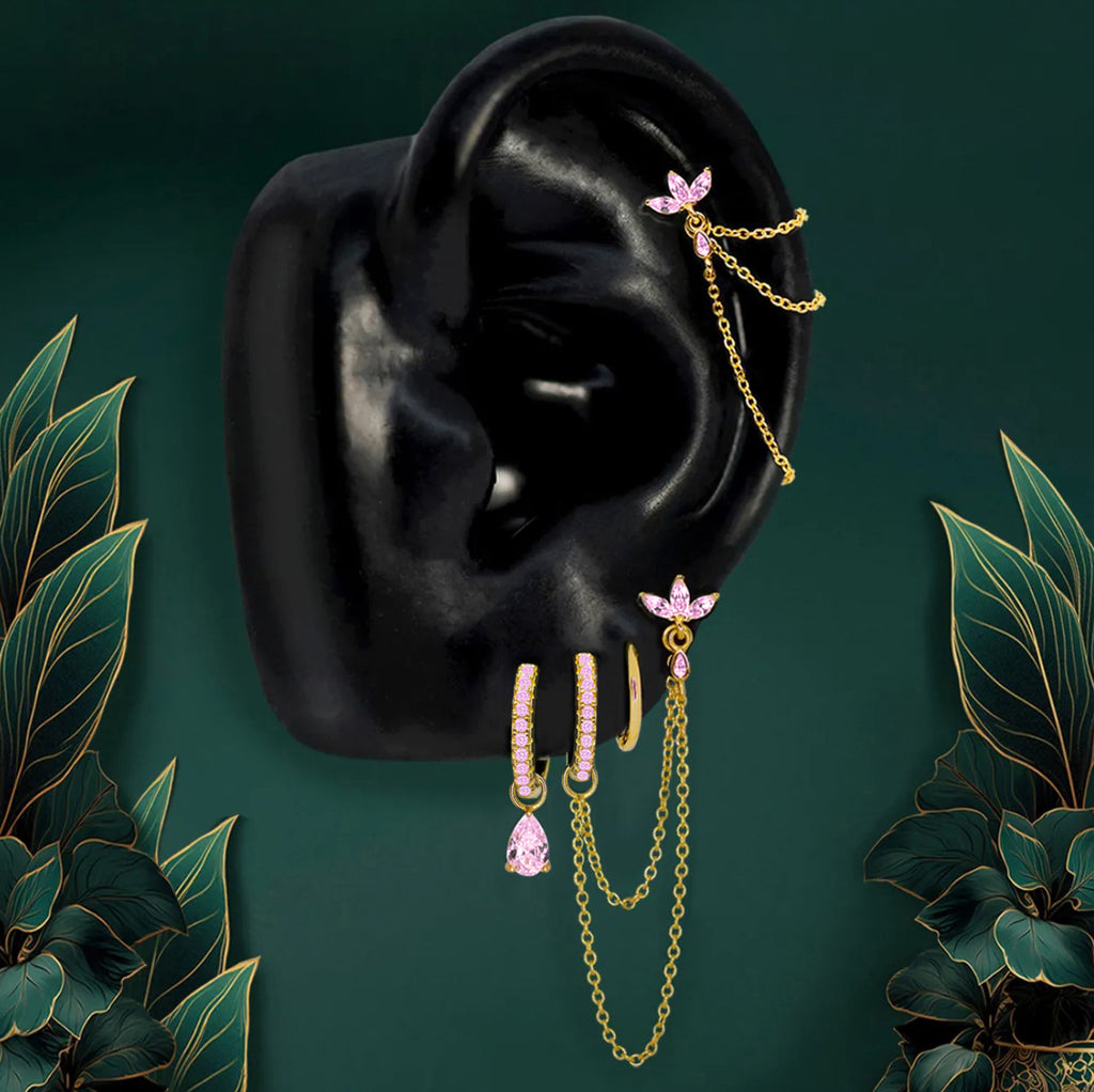 Elegant earring stack with shimmering pink zirconia gemstones