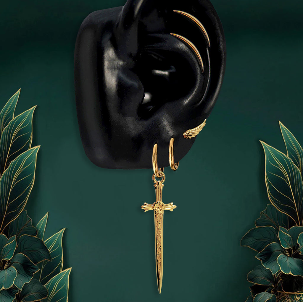 Gold dagger earrings with hoop detail