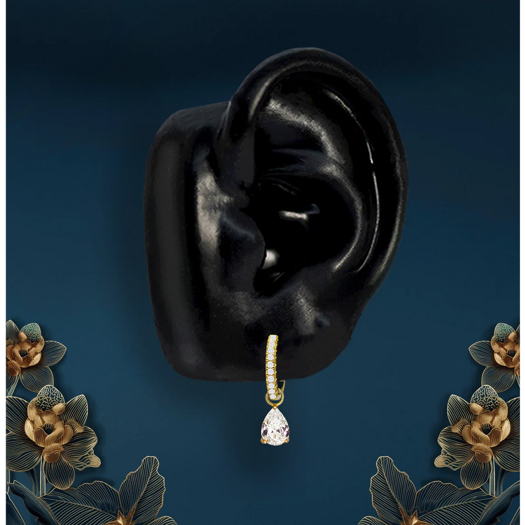 Gold dangle earrings with pavé hoop and teardrop pendant