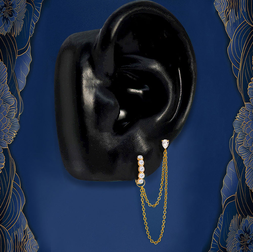 Gold double ear piercing earrings with chain