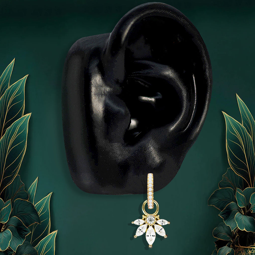 Gold drop dangle earrings with floral CZ design