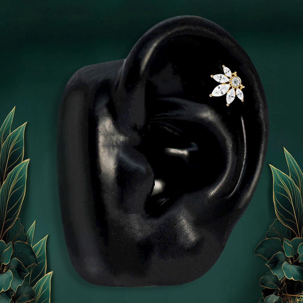 Gold flat back stud earrings floral design