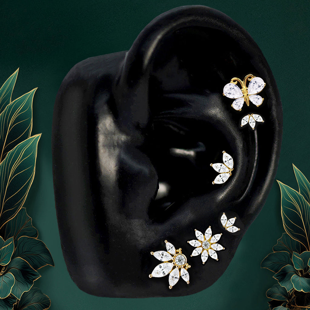 Gold floral earrings with butterfly stud accent