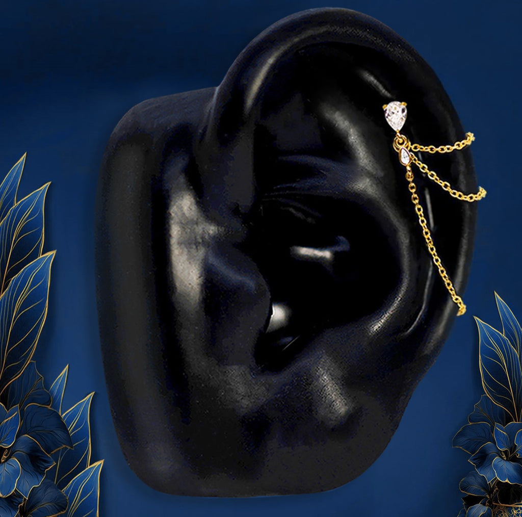 Gold helix cartilage piercing earring with chain