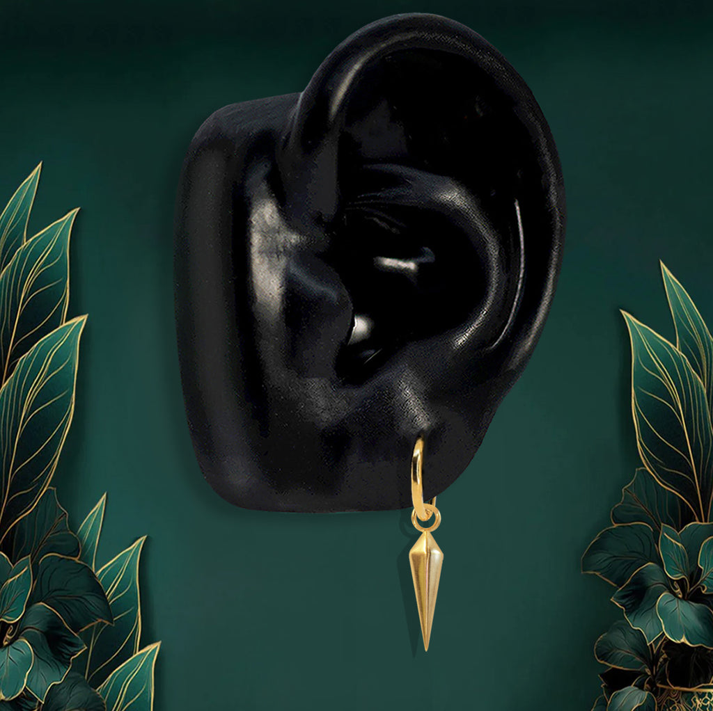 Gold spike hoop earrings with pointed drop design
