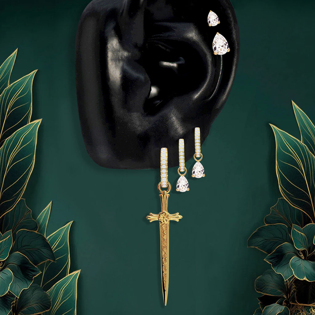 Gold sword drop hoop earrings with pavé stones