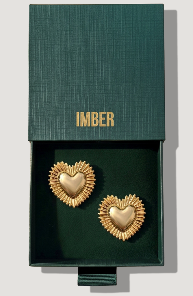 IMBER Heart gold heart stud earrings in open green gift box, top view
