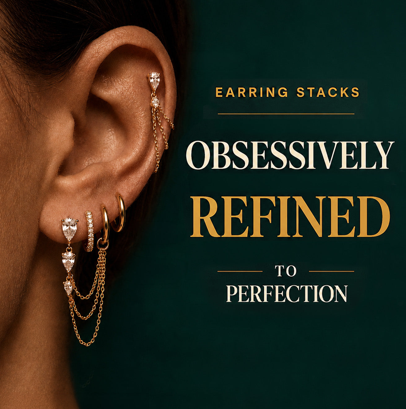 IMBER unboxing image featuring a gold waterproof earring stack with crystal huggies, chain details, and text reading earring stacks obsessively refined to perfection
