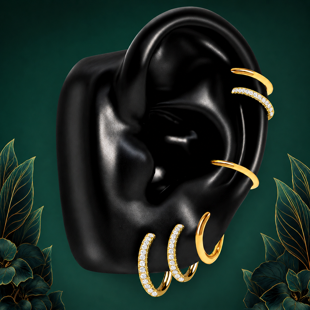 IMBER Limitless huggie hoop earring stack in gold titanium, on ear display