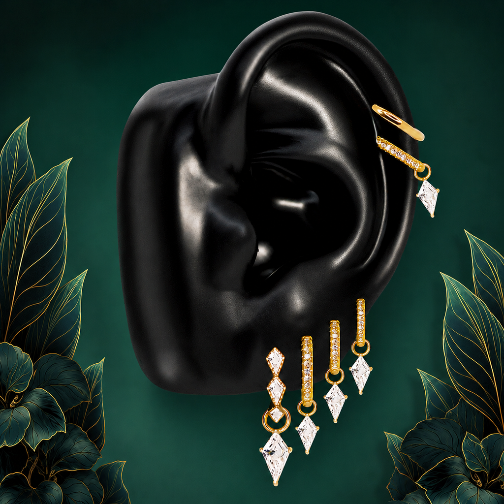 IMBER Luminary Kite earring stack in gold with kite-shaped drops, on ear display
