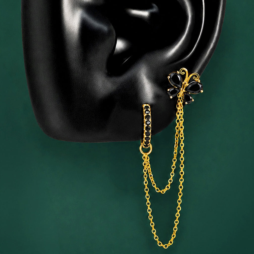 IMBER Metamorphosis Double Piercing Black in gold sterling silver with black butterfly, on display