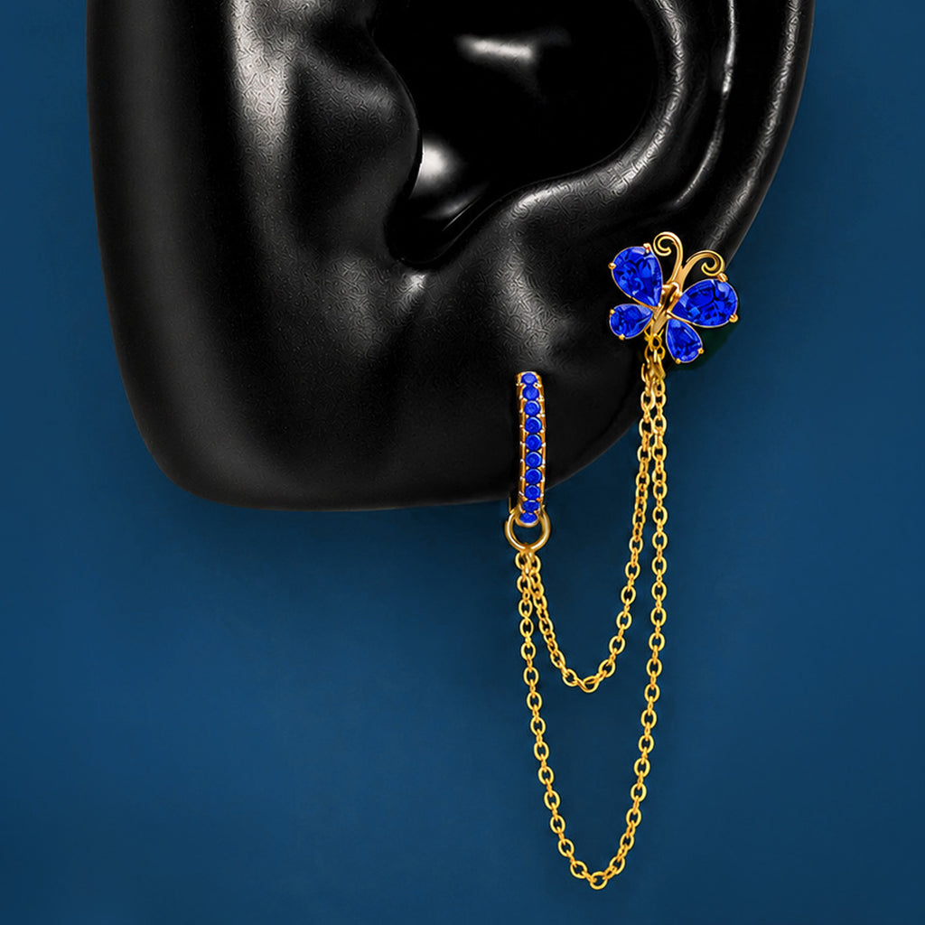 IMBER Metamorphosis double piercing earring in gold with blue butterfly and double chain