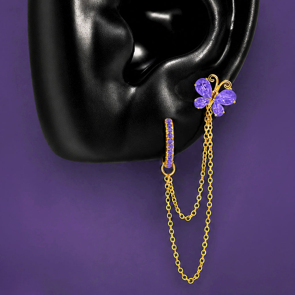 IMBER Metamorphosis Double Piercing Purple in gold sterling silver with purple butterfly, on display