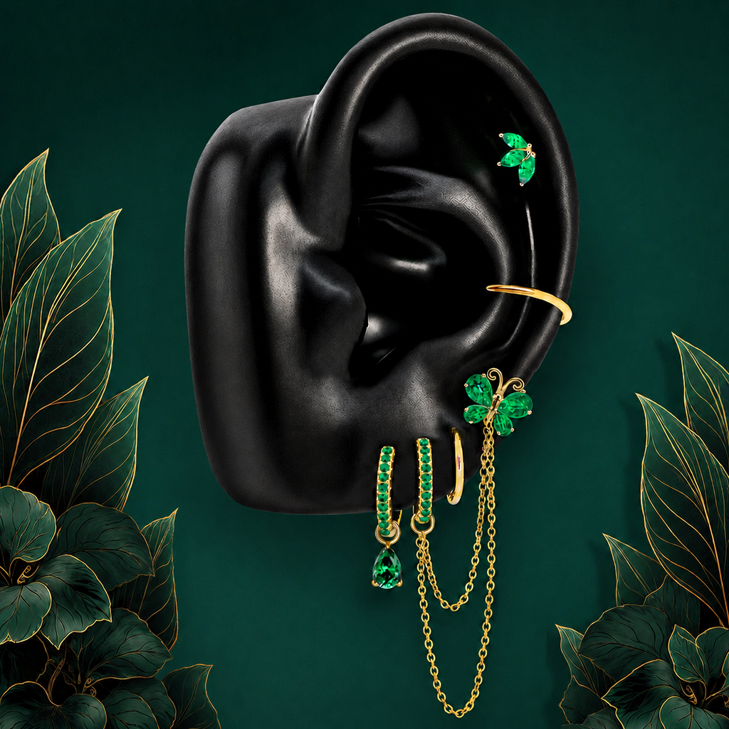 IMBER Metamorphosis Green earring stack in gold sterling silver with green butterflies, on display