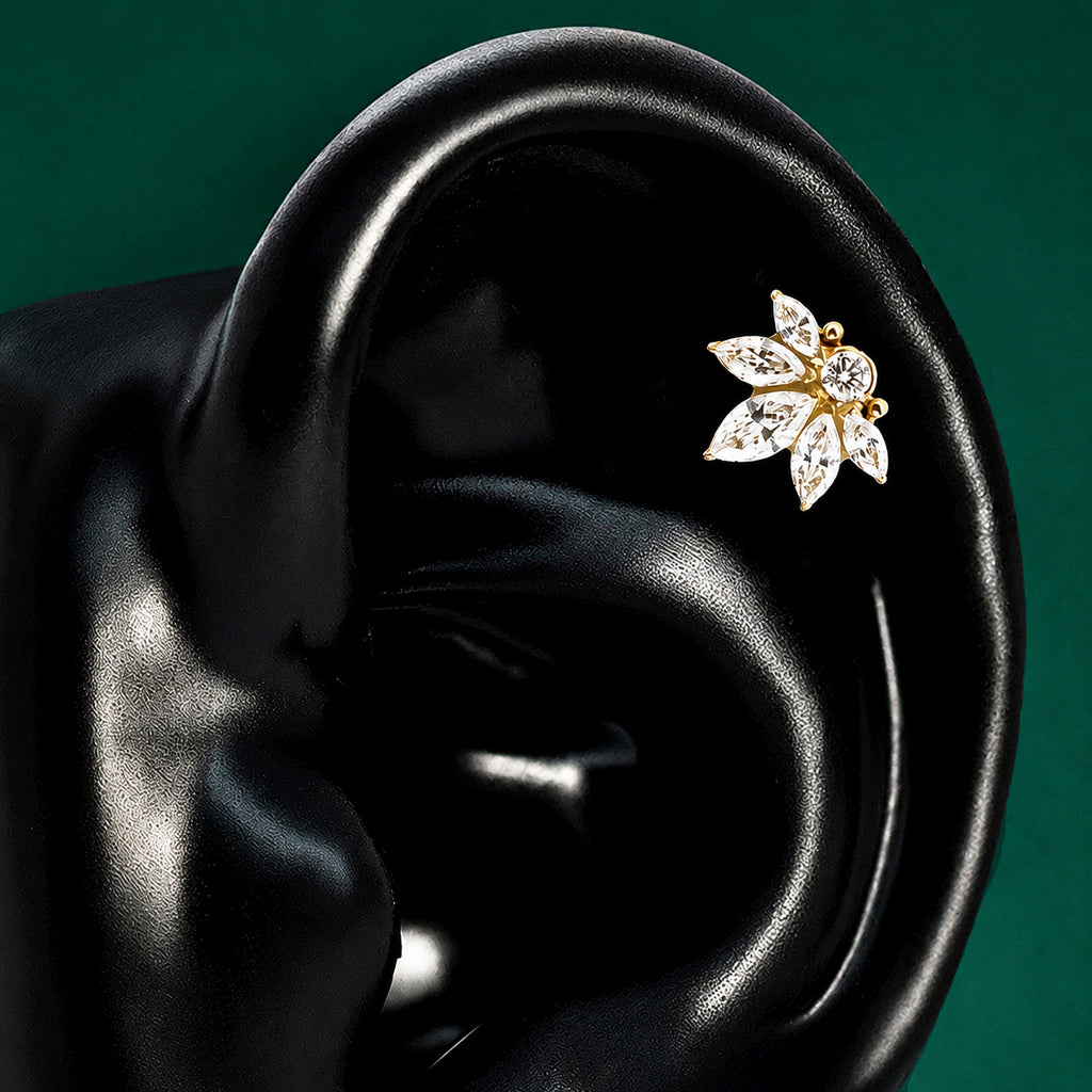 IMBER Reverence Helix floral flat back stud in gold sterling silver, on ear display