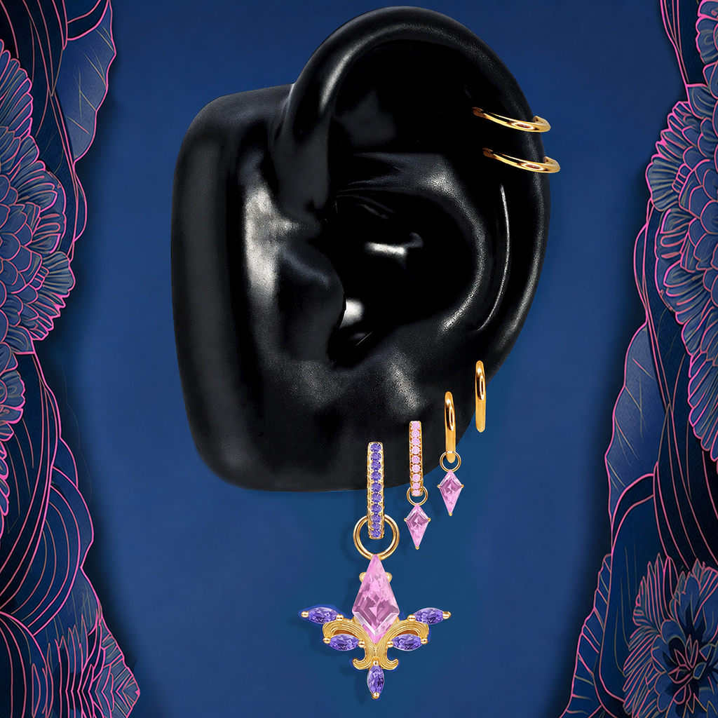 IMBER Seraphic Pink & Purple stack in gold with pink angel wing drop, on display