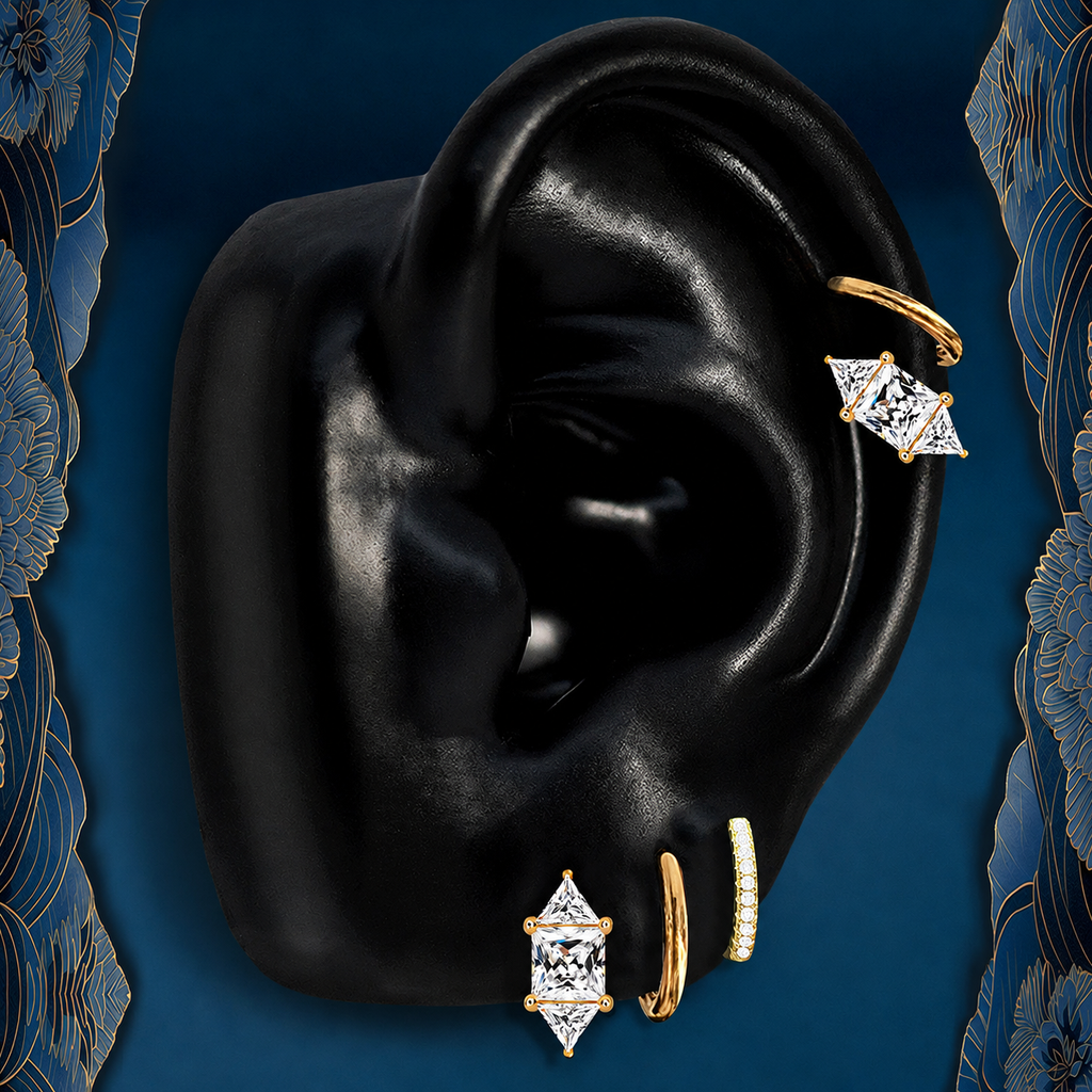 IMBER Timeless earring stack in gold with pavé huggies and crystal studs, on ear display