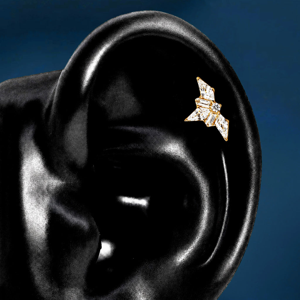 IMBER Vestige Helix/Conch flat back stud in gold sterling silver, on ear display